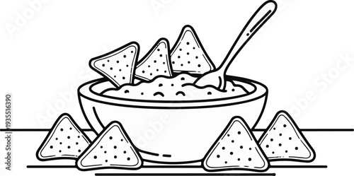 A bowl of dip with chips and a spoon, a simple drawing