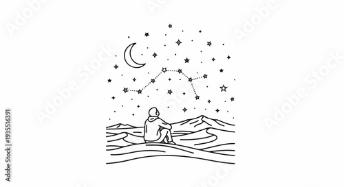 Person watching crescent moon and constellation in starry night sky over dunes