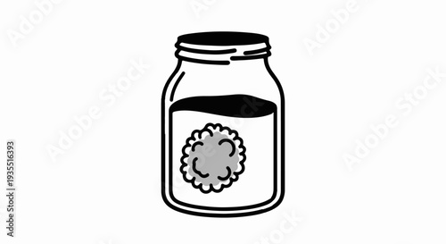 A simple black and white illustration of a glass jar containing a textured, gray object