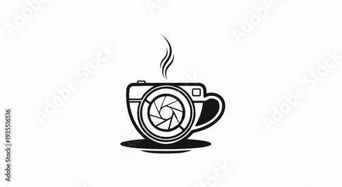 A monochrome graphic depicts a coffee cup merged with a camera lens