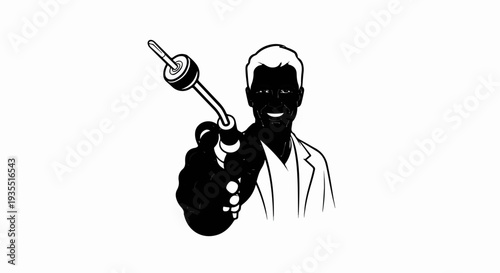 Man in lab coat holds out dropper filled with dark liquid