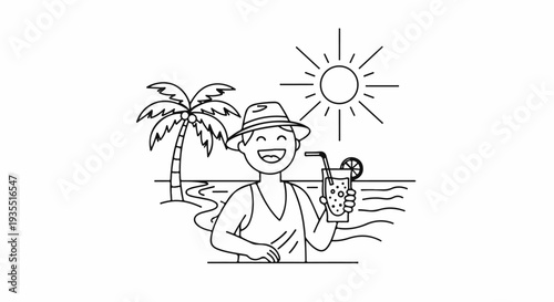 A person in a hat smiles holding a drink by the ocean with a palm tree and sun
