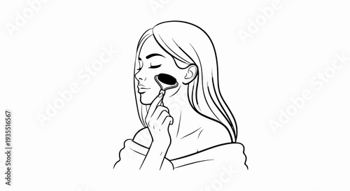 Woman applying facial roller to her cheek in a simple black and white line drawing