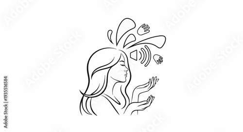 Line art of a woman's head with sound waves and hands emanating