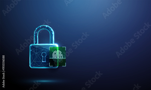 Padlock with fingerprint being scanned inside digital scanning frame. Biometric authentication process, secure access control, identity verification, encrypted login system concept.