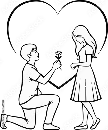 A person proposes to another with a flower under a large heart outline