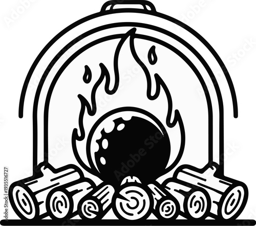 A stylized black and white graphic of a golf ball in a fireplace with logs