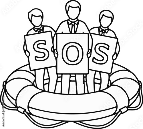 Team in life preserver holds signs spelling SOS