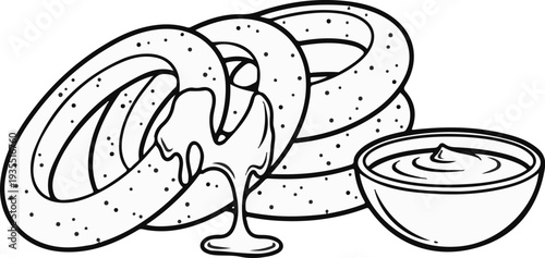 A stylized black and white line drawing of a knot-shaped baked snack with a dipping sauce