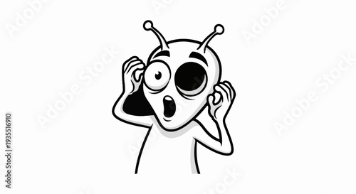 A wide-eyed, startled alien with antennas and an open mouth, hands up