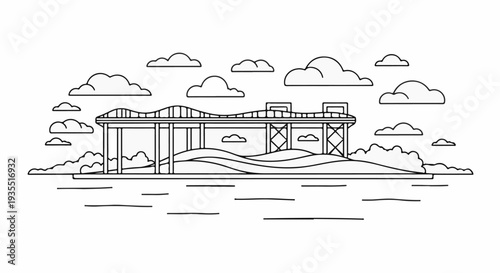 Stylized line art of a multi-level bridge spanning over water with clouds above