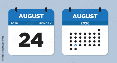August 24 2026 (Monday) Calendar page Vector Illustration. 24 August calendar page. Day calendar with date August 24. Week Starts on Sunday. Checklist day calendar. Modern Calendar template icon.