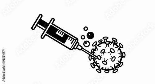 A syringe is shown injecting a substance into a stylized virus