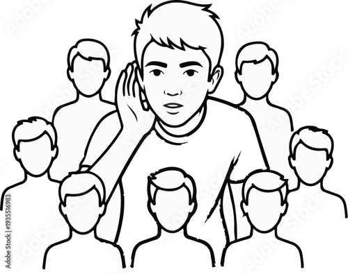 A young man in a crowd holds his hand to his ear, listening intently