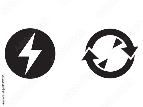 Black and white icons of lightning bolt and circular arrows on white background  symbols for energy and refresh concepts