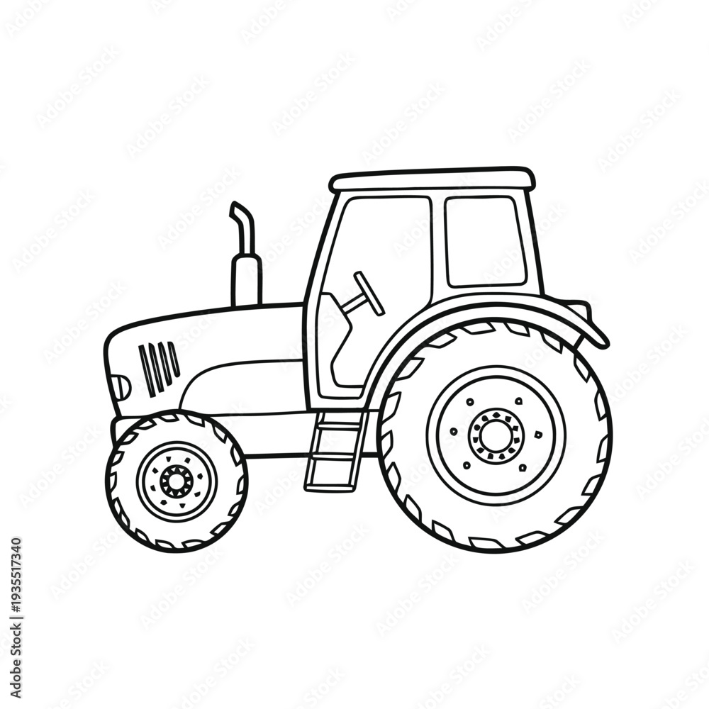 Obraz premium Side view line drawing of a modern farm tractor featuring a closed cab, large rear wheels, and exhaust stack, presented on a white background for tracing.
