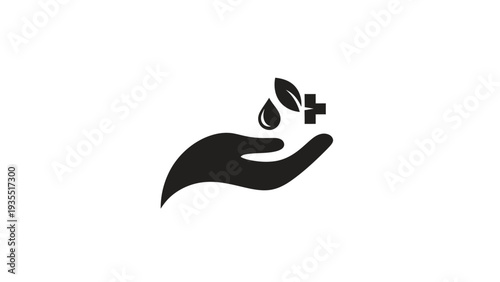 Hand with water drop, leaf and plus sign, healthcare and wellness icon