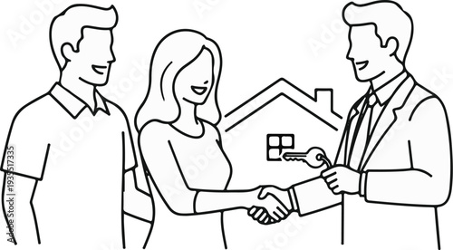 Couple receives house key from agent, symbolizing homeownership and transaction