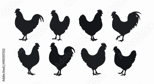 Collection of eight black chicken silhouettes on a white background
