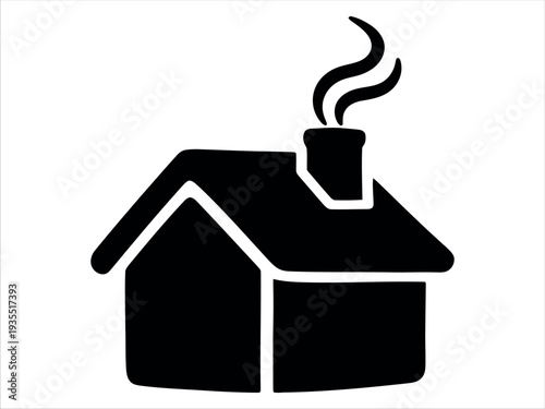 A simple black and white icon of a house with smoke coming out of the chimney