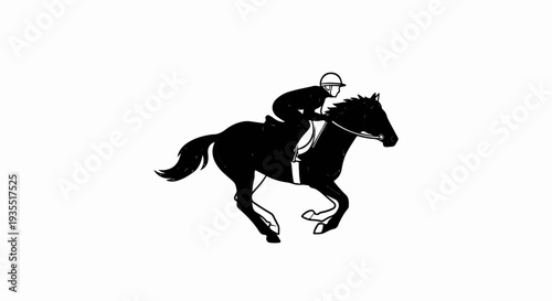Black silhouette of a jockey on a galloping horse on a white background