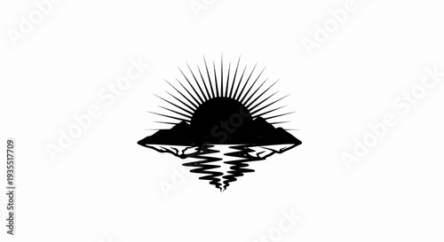 Black silhouette of a radiant sun over mountains reflected in water