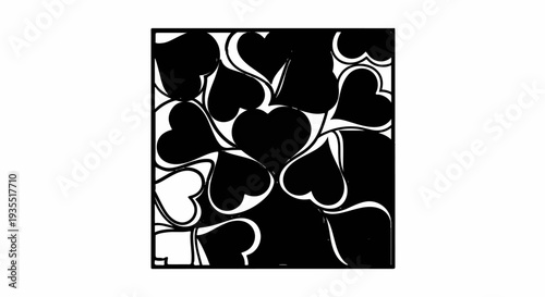 Black and white stylized heart shapes create a dense, overlapping pattern