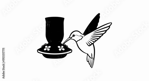 Black and white illustration of a hummingbird feeding from a flower-shaped feeder