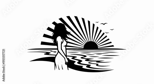 Silhouette of a woman on a beach watching a radiant sunset over the ocean