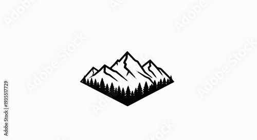Black silhouette of jagged mountains rising above a dense line of pine trees in a diamond shape
