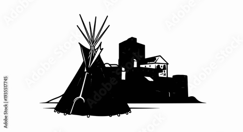 Black silhouette of a tepee against ancient stone structures