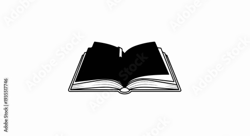 An open black book with pages and a bookmark is shown in silhouette