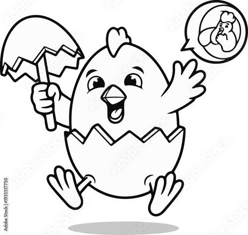 Adorable chick breaking out of egg, holding shell piece, waving happily