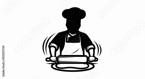 Silhouette of a chef rolling out dough, surrounded by abstract circular lines