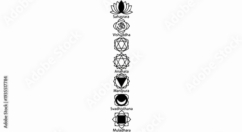Seven spiritual energy centers depicted as sacred symbols in a vertical line