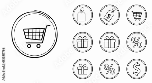 Collection of circular icons shopping cart, gift box, tag, percentage, and dollar sign