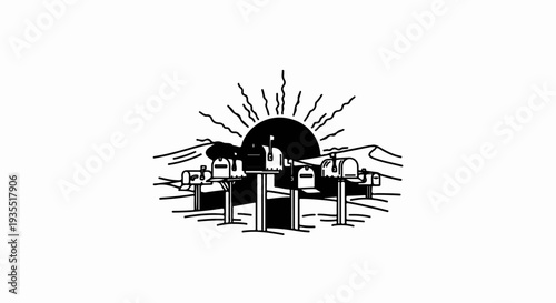 Mailboxes lined up against a sunrise, minimalist line art