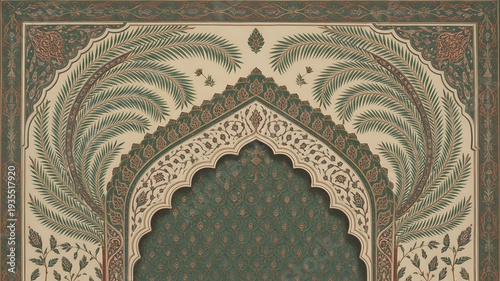 Treational mughal arch garden wedding invitation frame design. Mughal Garden. Illustration
