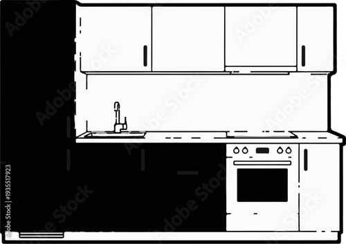 Minimalist line drawing of a modern kitchen with cabinets, sink, and oven
