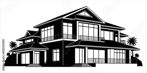 A large two story house with a balcony and palm trees