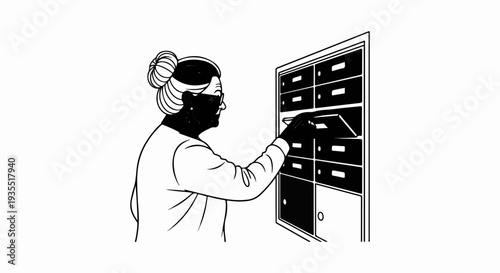Older woman retrieving mail from a bank of mailboxes