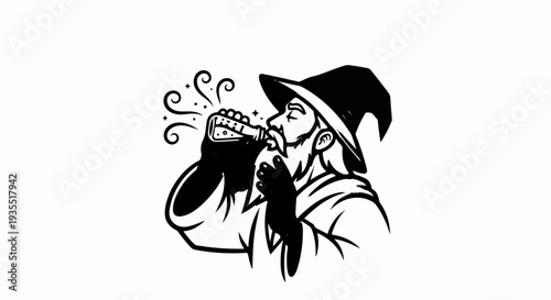 Old man with beard and wizard hat drinks from a flask with magical swirls