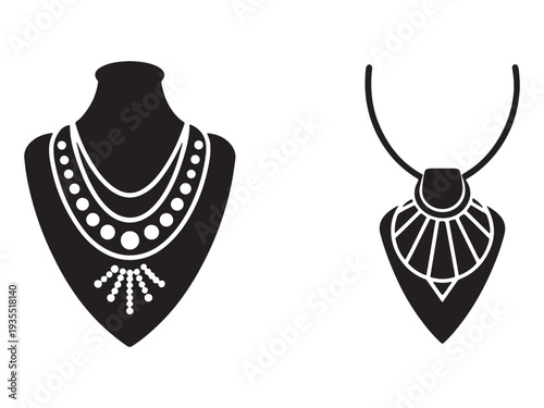 Black and white illustration of two stylish necklaces one on a bust and one on a chain