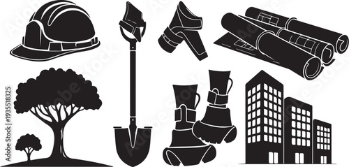 Construction Site Icons and Tools Silhouette Illustration Set