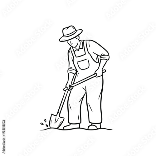 Farmer wearing overalls and a hat uses a shovel to dig in the soil while working on agricultural land illustration.