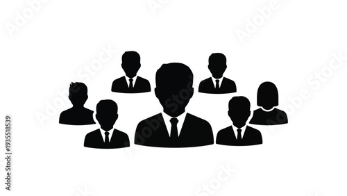 A group of seven black silhouettes of businesspeople arranged in a semi-circle on a white background.