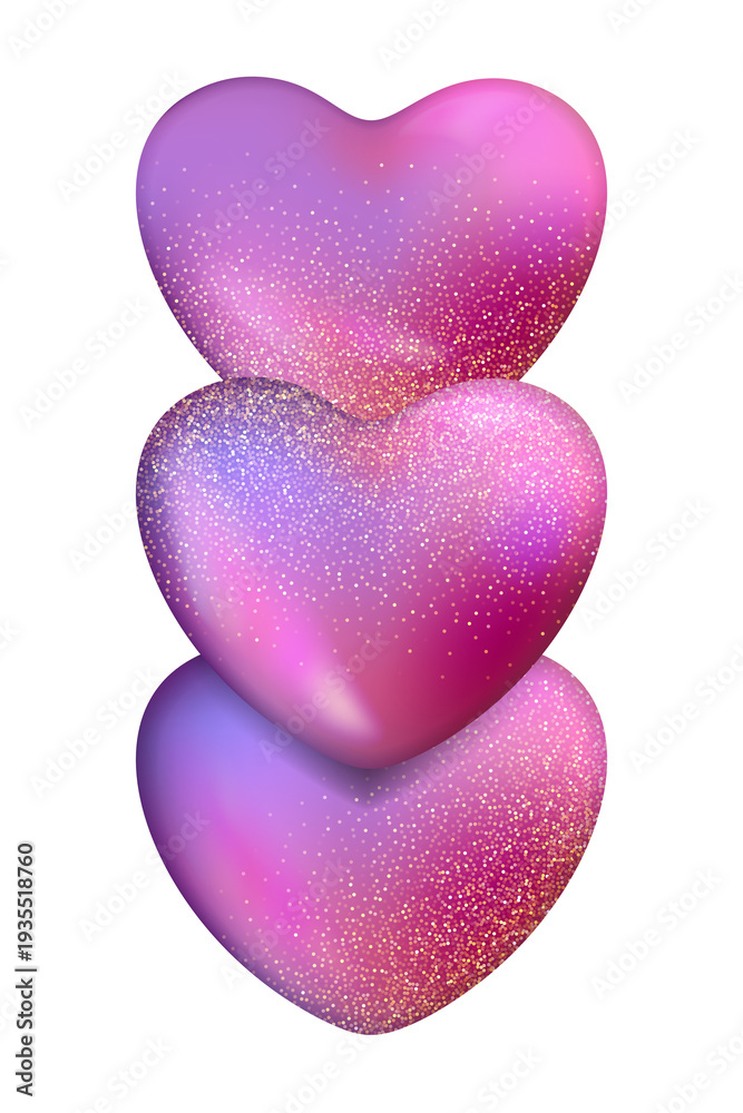 Fototapeta premium 3D pink glossy hearts composition with gold glitter texture and sparkles. Isolated romantic element on transparent background. 3d render illustration.