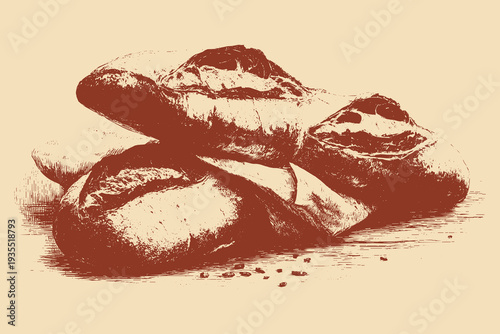French baguette breads illustration in a vintage style. This vector illustration can be used in any size you like for advertising, logos, and other work.