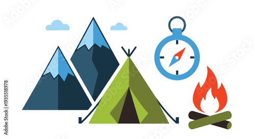 Camping adventure illustration featuring mountains tent compass and campfire high quality