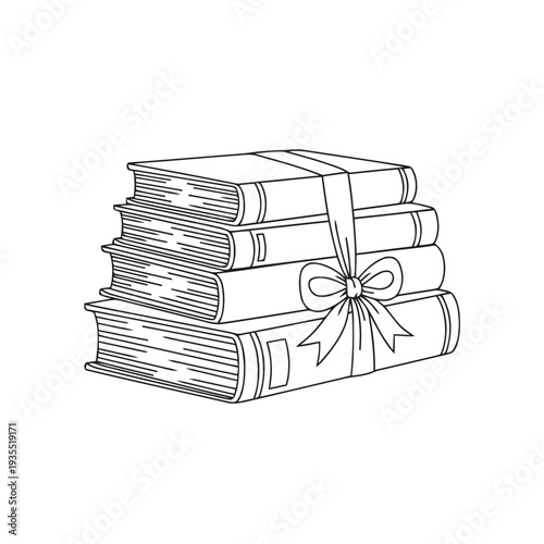 Stack of four hardcover books is neatly tied together with a decorative ribbon and bow, symbolizing education or a gift set.